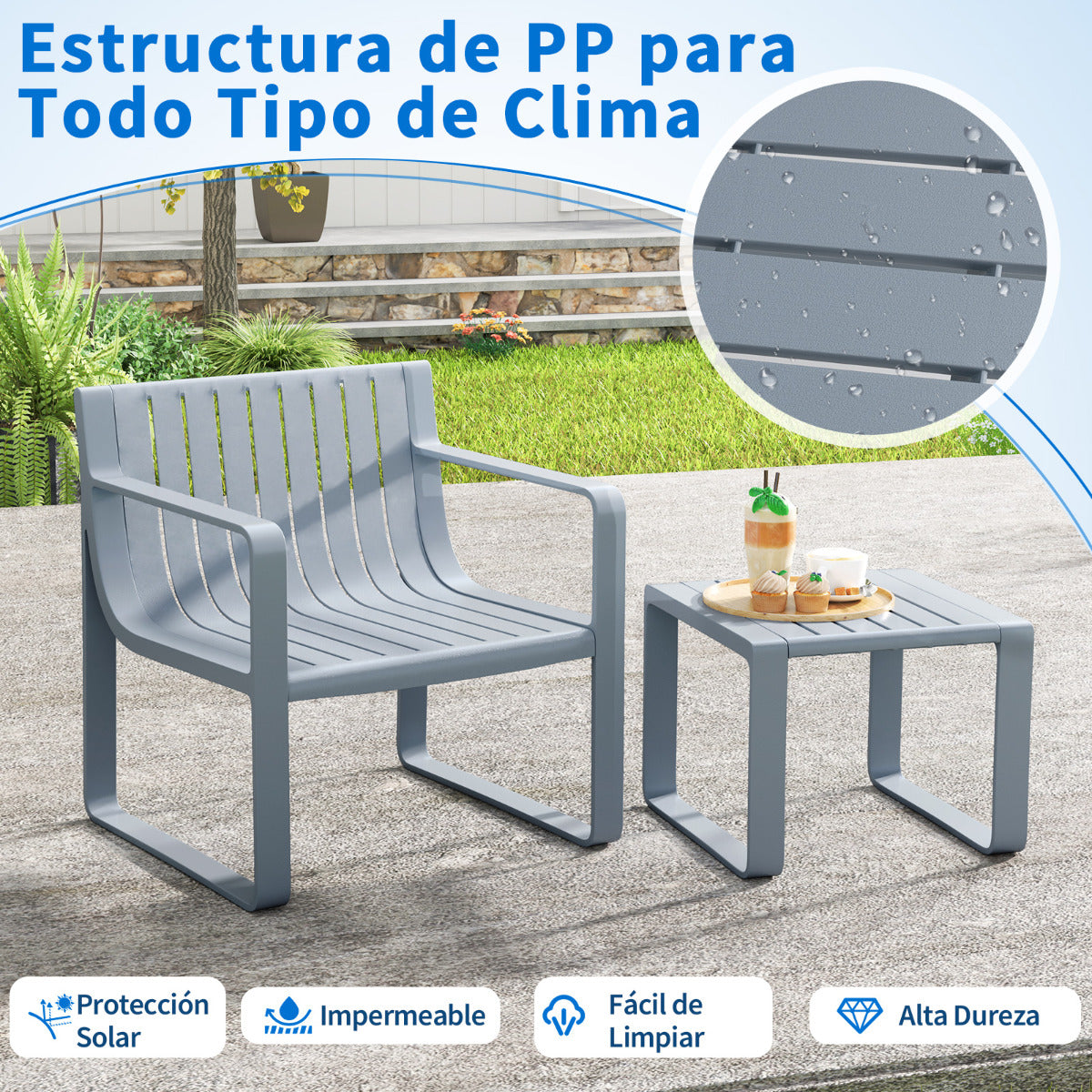 Juego de Muebles para Patio de 2 Piezas Silla de PP con Mesa de Café Conjunto de Mesa y Silla Bistró de Listones para Porche y Jardín Gris