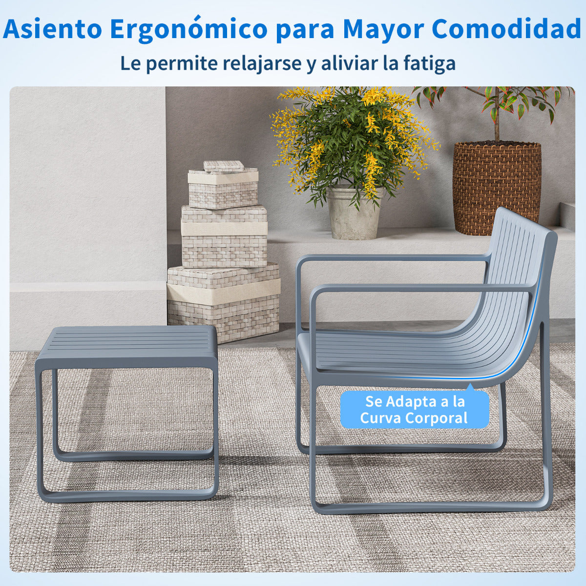 Juego de Muebles para Patio de 2 Piezas Silla de PP con Mesa de Café Conjunto de Mesa y Silla Bistró de Listones para Porche y Jardín Gris