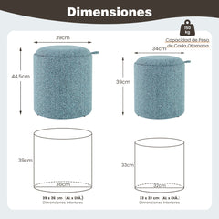 Juego de 2 Otomanas Redondas Tapizada con Bandeja Reversible y Almacenamiento Oculto Taburete Reposapiés para Dormitorio Sala de Estar Azul
