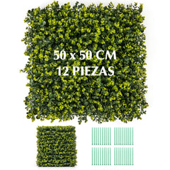 Juego de Paneles de Seto Artificiales de 12 Piezas con Textura Curvada Panel de Pared de Césped de Privacidad para Jardín Patio 50 x 50 cm