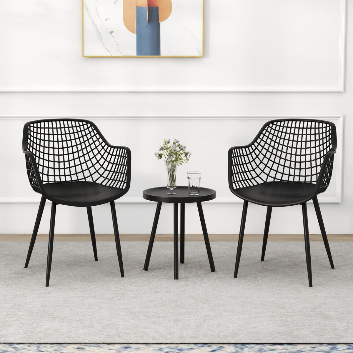 Juego de Patio de 3 Piezas 2 Sillas de Bistró y Mesa Auxiliar de PP Soporte de Metal Juego de Muebles para Interiores Exteriores Negro