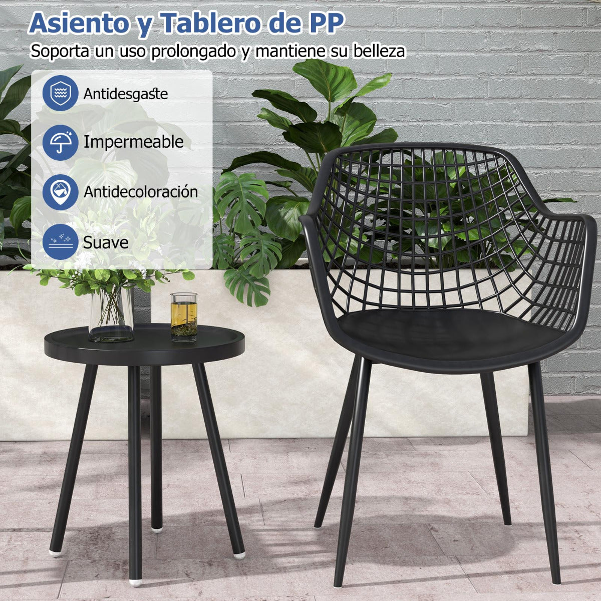Juego de Patio de 3 Piezas 2 Sillas de Bistró y Mesa Auxiliar de PP Soporte de Metal Juego de Muebles para Interiores Exteriores Negro