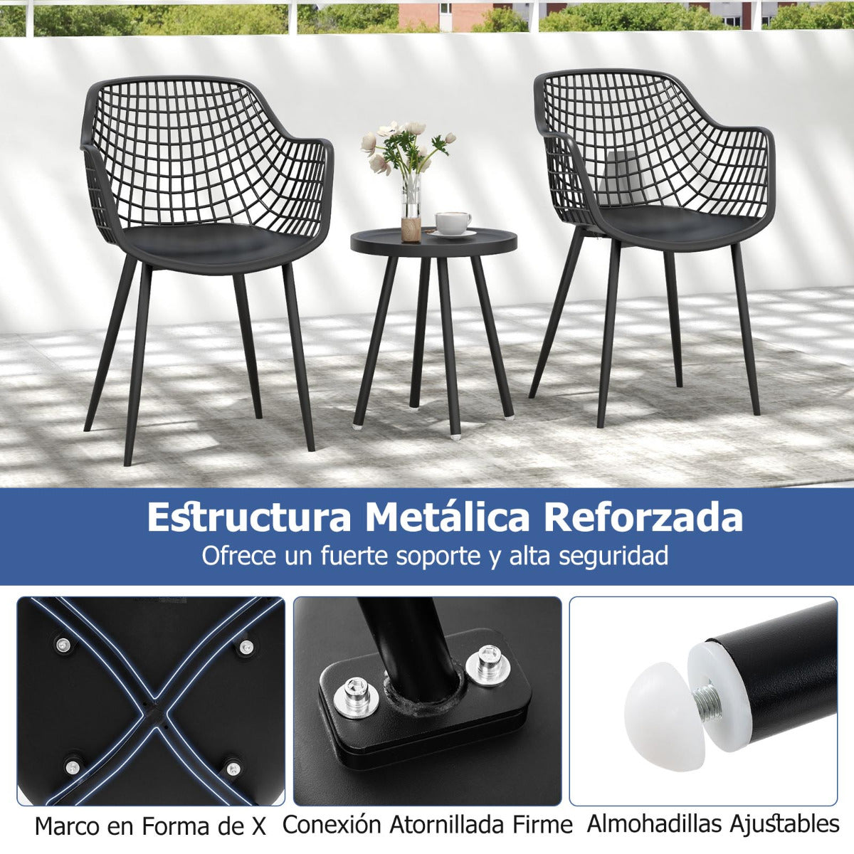 Juego de Patio de 3 Piezas 2 Sillas de Bistró y Mesa Auxiliar de PP Soporte de Metal Juego de Muebles para Interiores Exteriores Negro