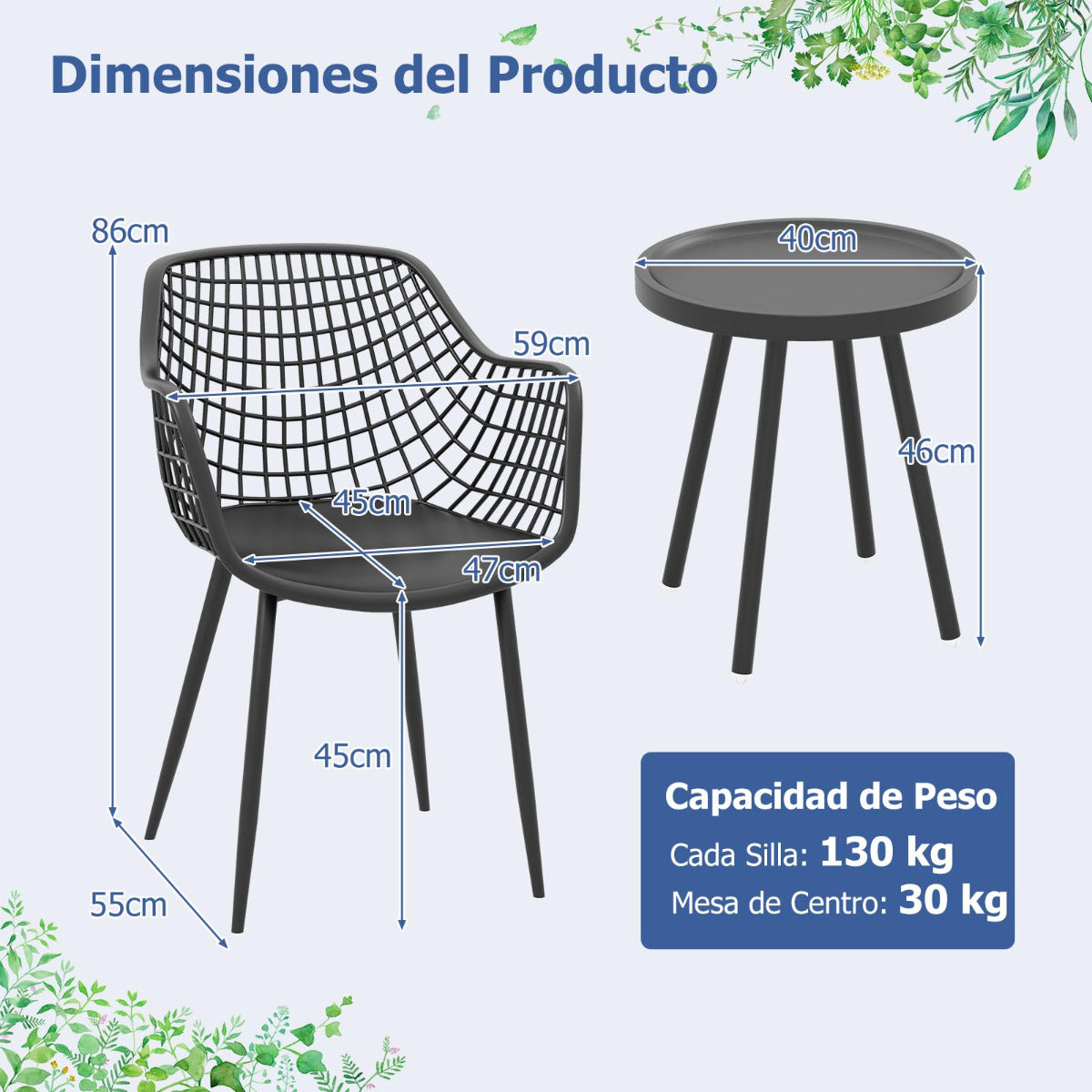 Juego de Patio de 3 Piezas 2 Sillas de Bistró y Mesa Auxiliar de PP Soporte de Metal Juego de Muebles para Interiores Exteriores Negro