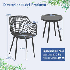 Juego de Patio de 3 Piezas 2 Sillas de Bistró y Mesa Auxiliar de PP Soporte de Metal Juego de Muebles para Interiores Exteriores Negro