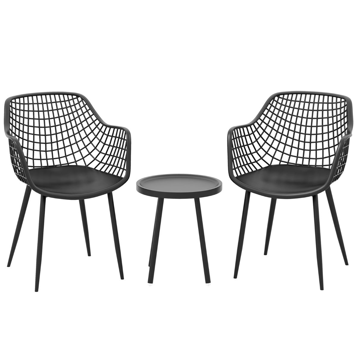Juego de Patio de 3 Piezas 2 Sillas de Bistró y Mesa Auxiliar de PP Soporte de Metal Juego de Muebles para Interiores Exteriores Negro