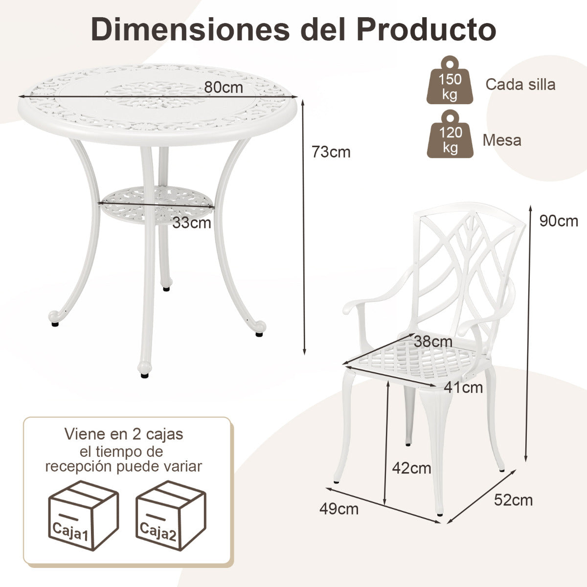 Juego de Patio de Aluminio Fundido de 5 Piezas con Orificio para Sombrilla Set de Mesa y Silla de Exterior para Jardín Patio Balcón Blanco
