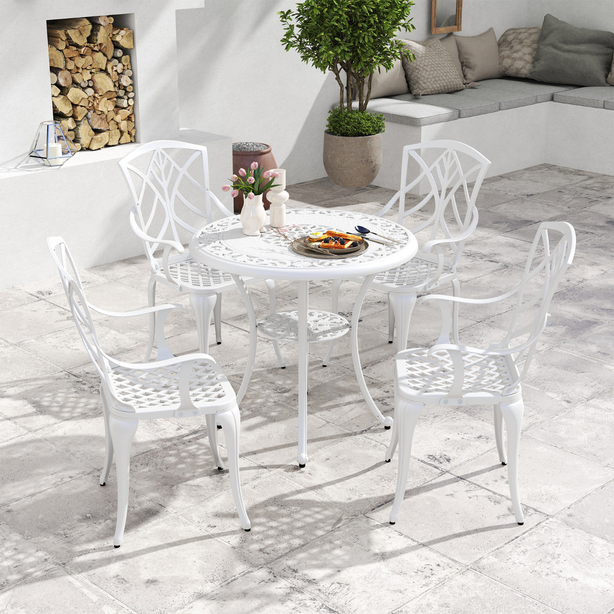 Juego de Patio de Aluminio Fundido de 5 Piezas con Orificio para Sombrilla Set de Mesa y Silla de Exterior para Jardín Patio Balcón Blanco