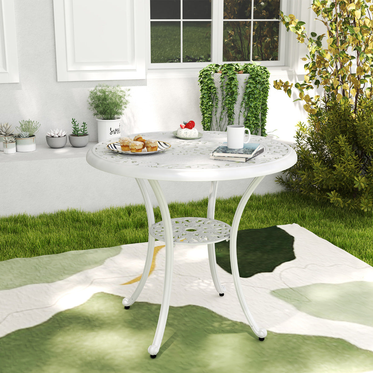 Juego de Patio de Aluminio Fundido de 5 Piezas con Orificio para Sombrilla Set de Mesa y Silla de Exterior para Jardín Patio Balcón Blanco