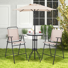 Juego de 4 Piezas de Mesa y 2 Sillas Terraza con Sombrilla Conjunto Mesa de Vidrio Templado y Sillas Plegables para Jardín y Balcón Beige
