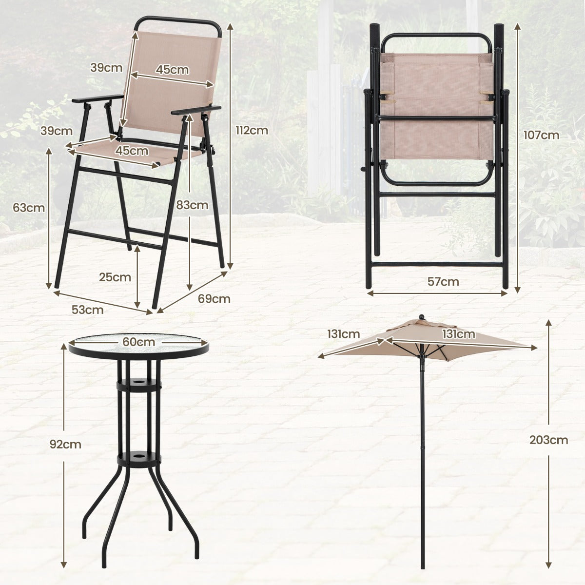 Juego de 4 Piezas de Mesa y 2 Sillas Terraza con Sombrilla Conjunto Mesa de Vidrio Templado y Sillas Plegables para Jardín y Balcón Beige
