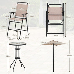 Juego de 4 Piezas de Mesa y 2 Sillas Terraza con Sombrilla Conjunto Mesa de Vidrio Templado y Sillas Plegables para Jardín y Balcón Beige