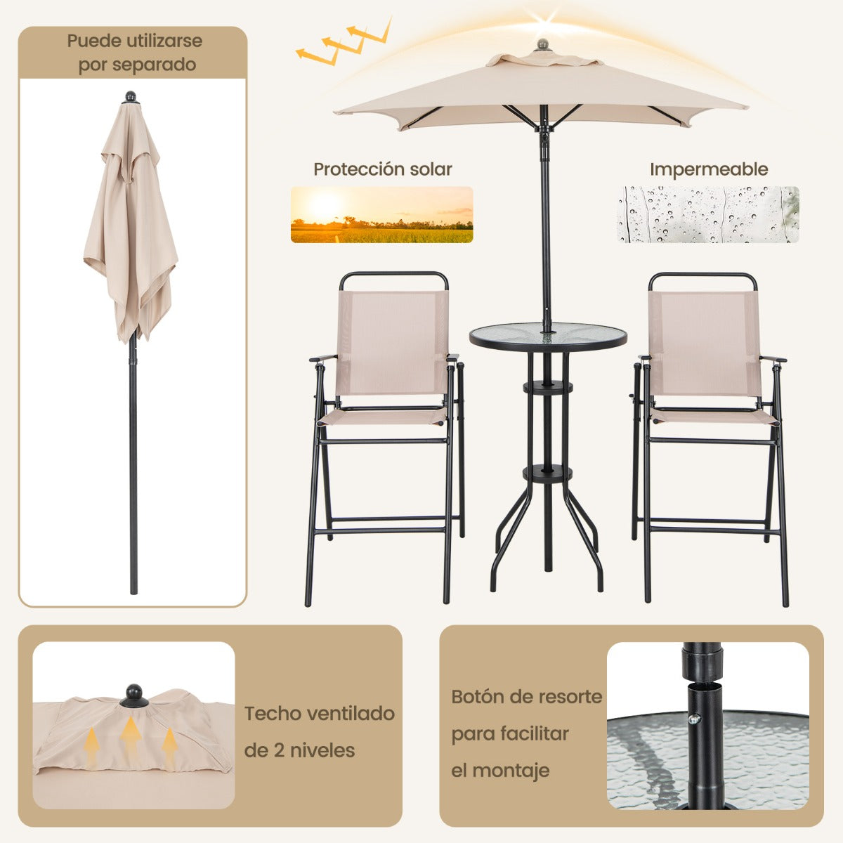Juego de 4 Piezas de Mesa y 2 Sillas Terraza con Sombrilla Conjunto Mesa de Vidrio Templado y Sillas Plegables para Jardín y Balcón Beige