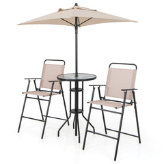 Juego de 4 Piezas de Mesa y 2 Sillas Terraza con Sombrilla Conjunto Mesa de Vidrio Templado y Sillas Plegables para Jardín y Balcón Beige