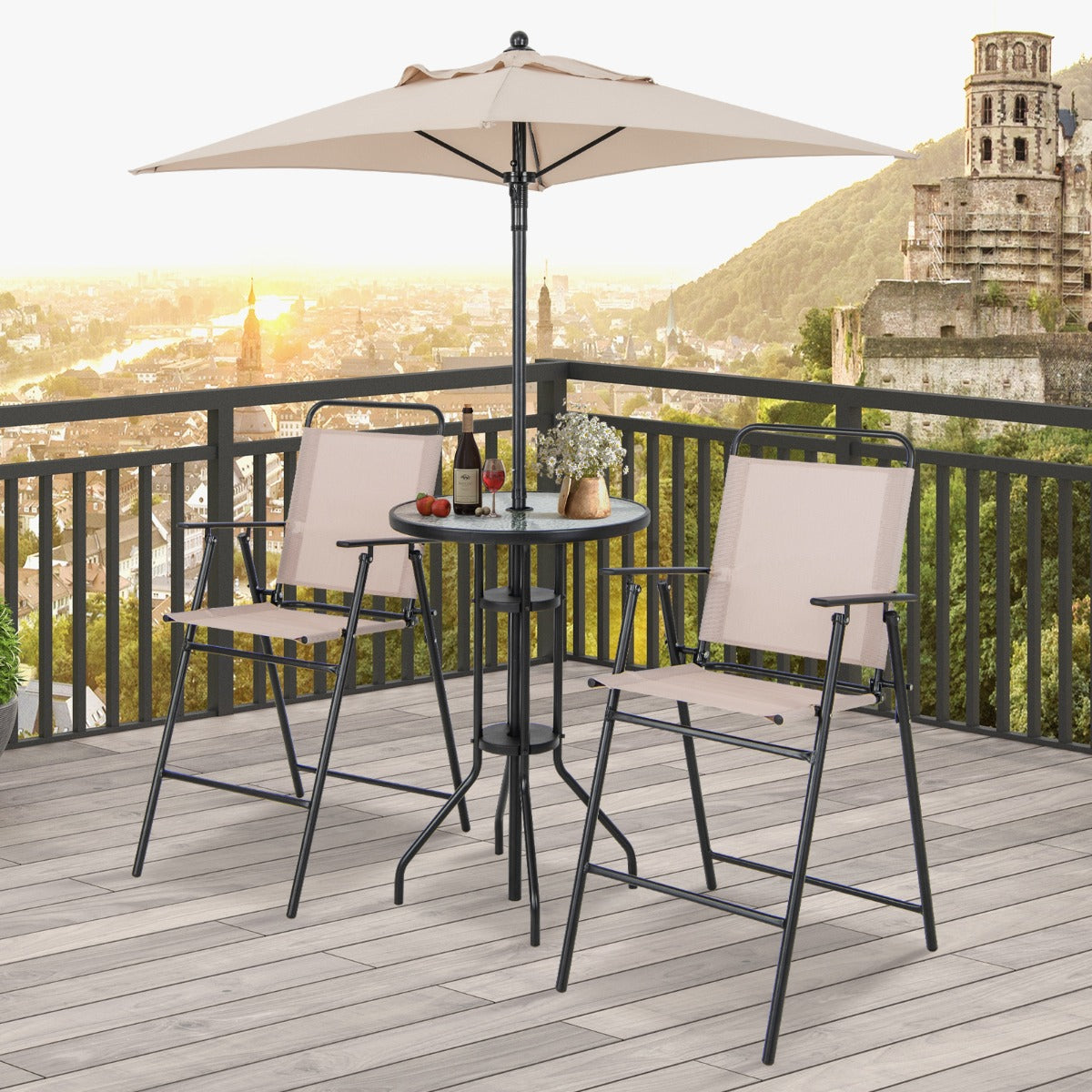 Juego de 4 Piezas de Mesa y 2 Sillas Terraza con Sombrilla Conjunto Mesa de Vidrio Templado y Sillas Plegables para Jardín y Balcón Beige