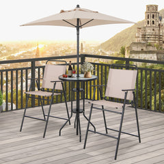 Juego de 4 Piezas de Mesa y 2 Sillas Terraza con Sombrilla Conjunto Mesa de Vidrio Templado y Sillas Plegables para Jardín y Balcón Beige