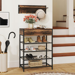 Juego de Perchero con Estante para Zapatos de 5 Niveles y Perchero Montado en Pared Organizador para Zapatos para Entrada Dormitorio Marrón