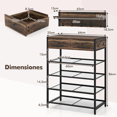 Juego de Perchero con Estante para Zapatos de 5 Niveles y Perchero Montado en Pared Organizador para Zapatos para Entrada Dormitorio Marrón