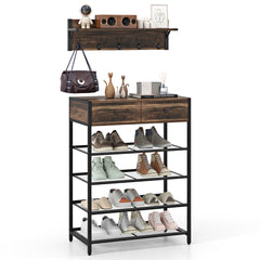 Juego de Perchero con Estante para Zapatos de 5 Niveles y Perchero Montado en Pared Organizador para Zapatos para Entrada Dormitorio Marrón