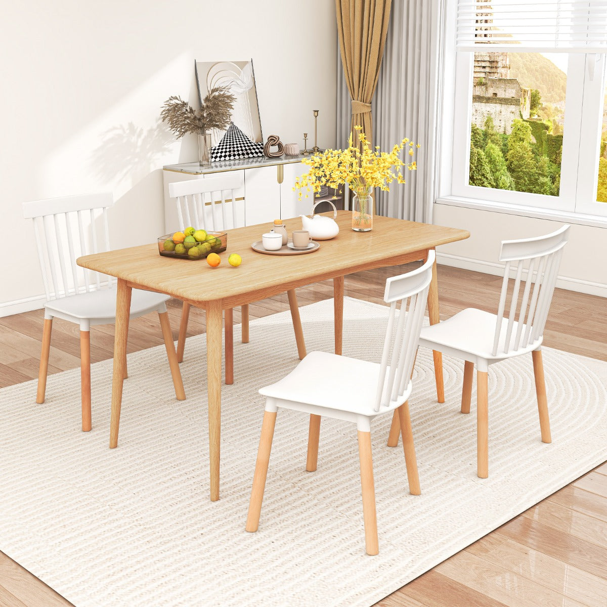 Juego de 4 Sillas para Comedor Sillas con Respaldo y Asientos Curvados Patas de Madera Sólida Silla Lateral sin Brazos para Cocina Blanco