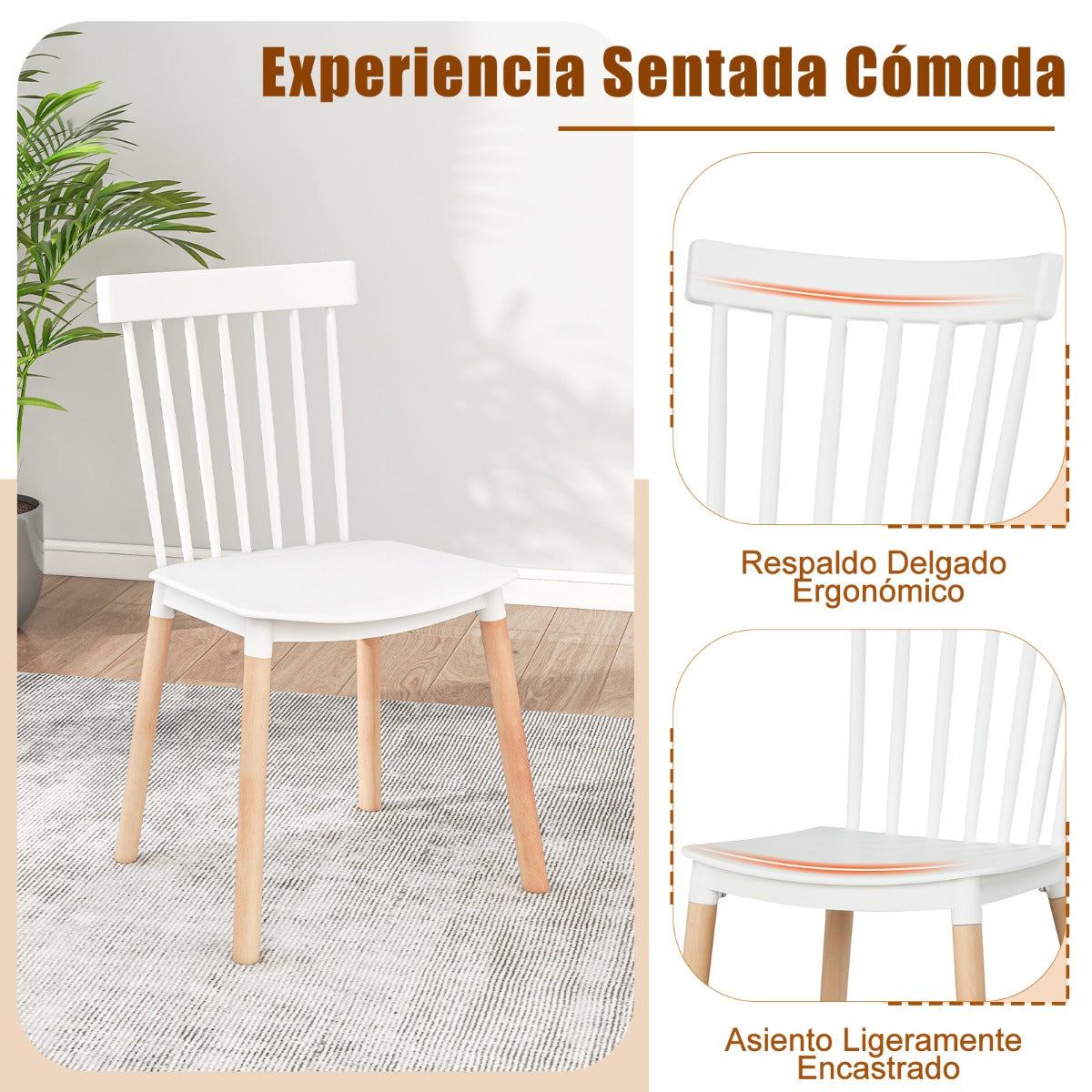 Juego de 4 Sillas para Comedor Sillas con Respaldo y Asientos Curvados Patas de Madera Sólida Silla Lateral sin Brazos para Cocina Blanco