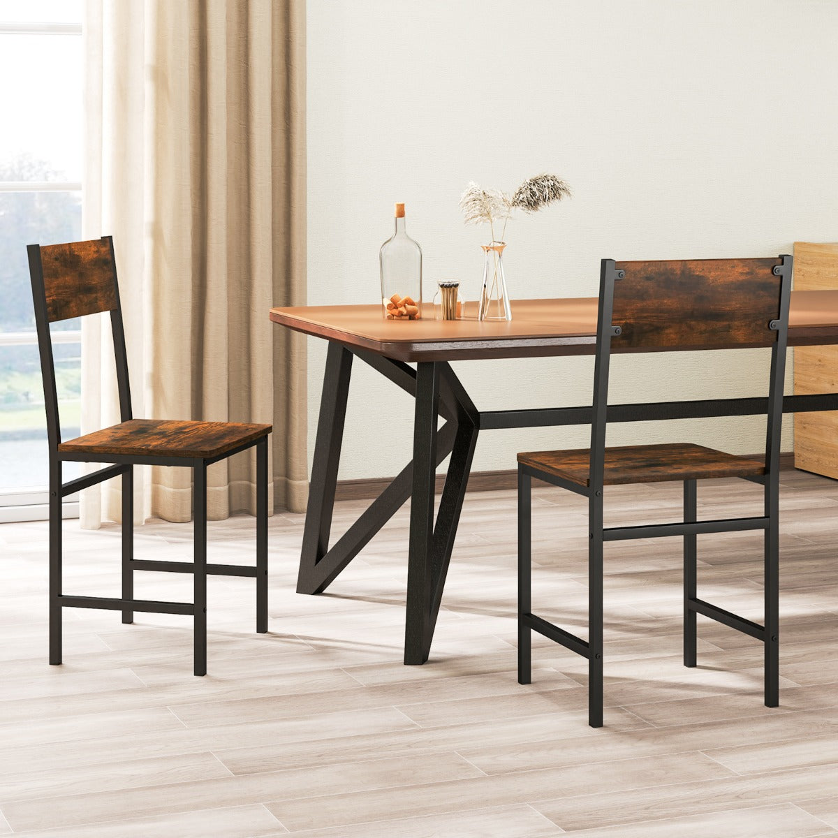 Juego de 2 Sillas de Comedor Silla de Cocina Industrial con Patas de Metal Grano de Madera Rústica sin Brazos para Sala de Estar Marrón