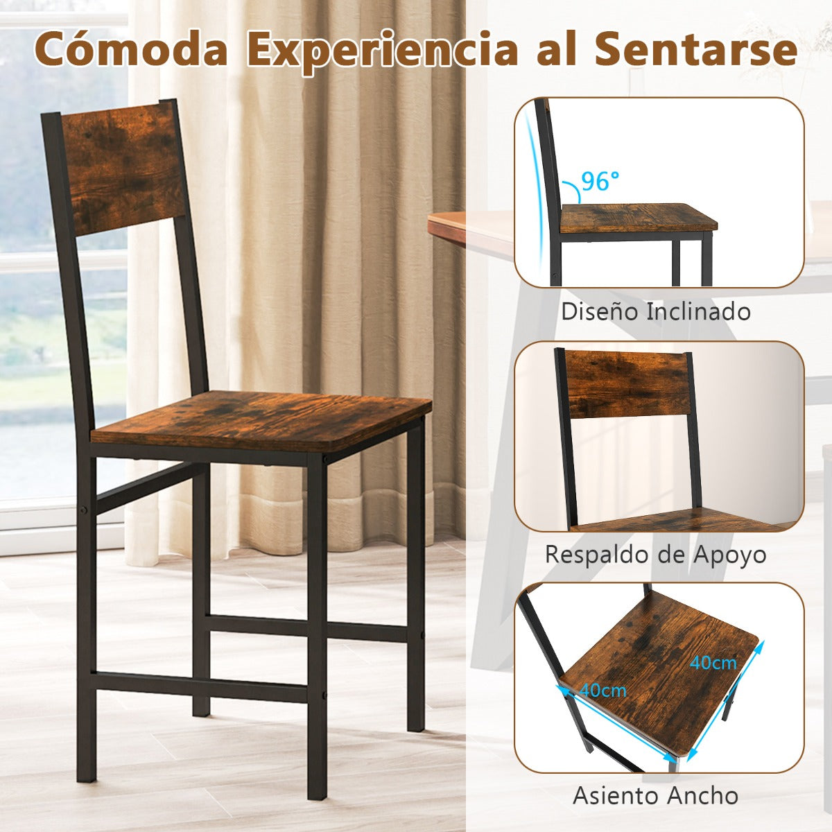 Juego de 2 Sillas de Comedor Silla de Cocina Industrial con Patas de Metal Grano de Madera Rústica sin Brazos para Sala de Estar Marrón