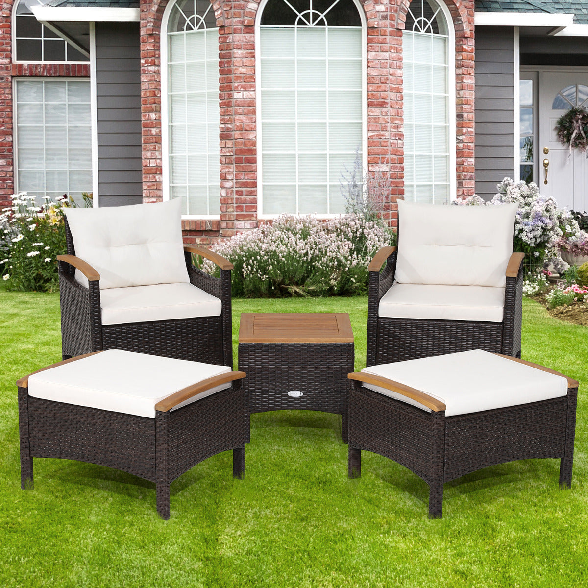 Juego de Sofá de Ratán de 5 Piezas para Patio Set de Conversación de Mesa y Sillas para Exterior con Cojines de Asiento