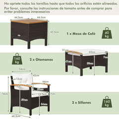 Juego de Sofá de Ratán de 5 Piezas para Patio Set de Conversación de Mesa y Sillas para Exterior con Cojines de Asiento