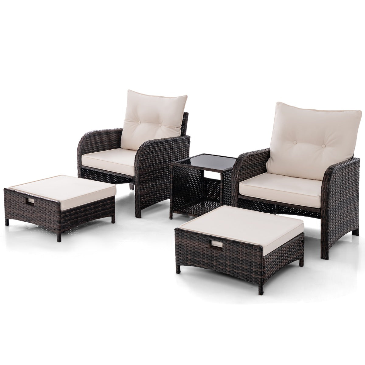 Juego de Sofá de Ratán de 5 Piezas con 2 Sillas 2 Otomanas Mesa de Centro de Vidrio Templado Cojines Suaves para Patio Trasero Beige