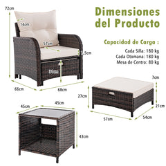 Juego de Sofá de Ratán de 5 Piezas con 2 Sillas 2 Otomanas Mesa de Centro de Vidrio Templado Cojines Suaves para Patio Trasero Beige