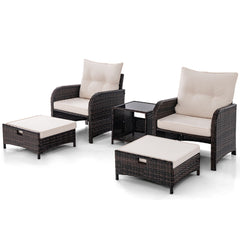Juego de Sofá de Ratán de 5 Piezas con 2 Sillas 2 Otomanas Mesa de Centro de Vidrio Templado Cojines Suaves para Patio Trasero Beige