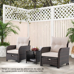 Juego de Sofá de Ratán de 5 Piezas con 2 Sillas 2 Otomanas Mesa de Centro de Vidrio Templado Cojines Suaves para Patio Trasero Beige