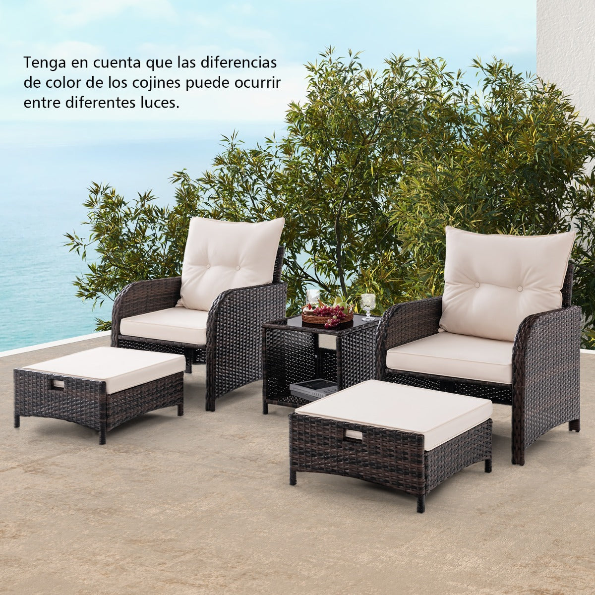 Juego de Sofá de Ratán de 5 Piezas con 2 Sillas 2 Otomanas Mesa de Centro de Vidrio Templado Cojines Suaves para Patio Trasero Beige