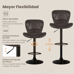 Juego de 2 Taburetes de Bar Silla de Bar Giratoria con Altura Ajustable Respaldo Reposapiés y Base Metálica de Piel Sintética Vintage Marrón