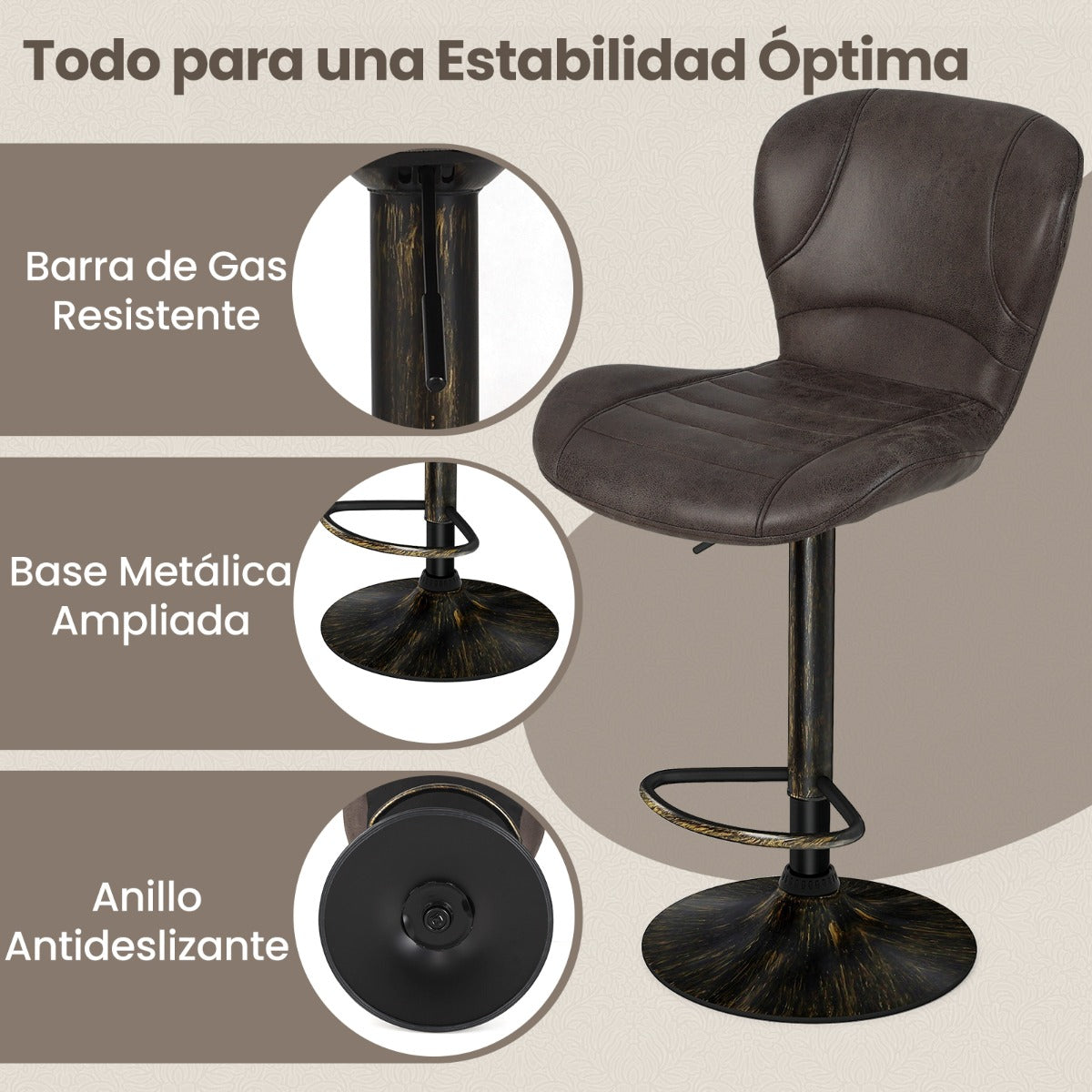 Juego de 2 Taburetes de Bar Silla de Bar Giratoria con Altura Ajustable Respaldo Reposapiés y Base Metálica de Piel Sintética Vintage Marrón