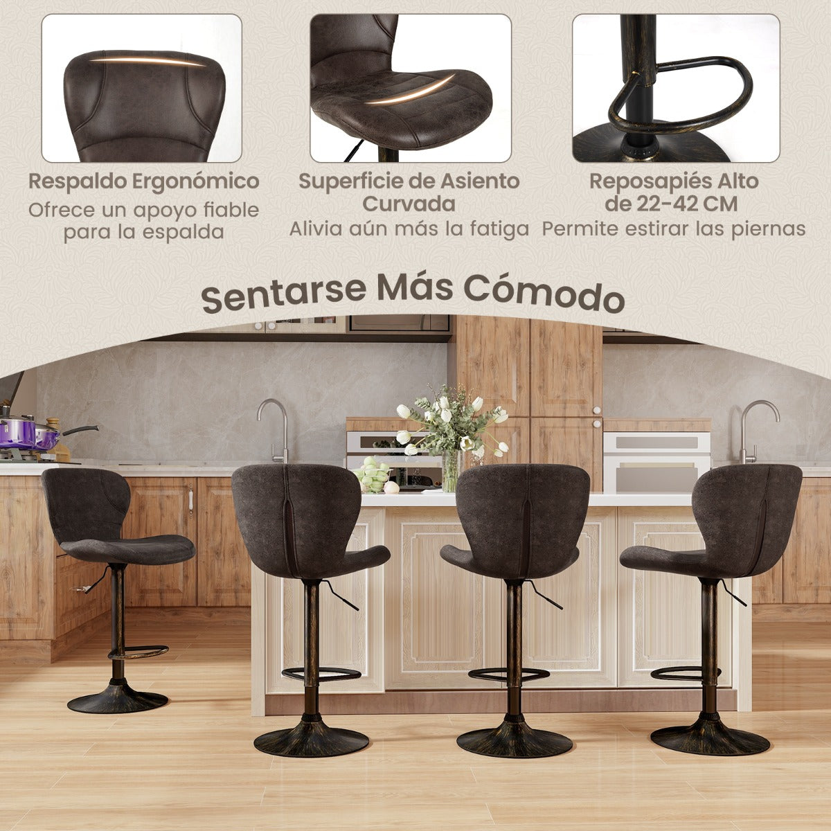 Juego de 2 Taburetes de Bar Silla de Bar Giratoria con Altura Ajustable Respaldo Reposapiés y Base Metálica de Piel Sintética Vintage Marrón