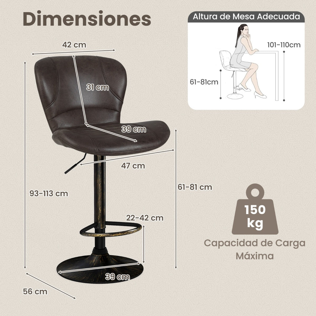Juego de 2 Taburetes de Bar Silla de Bar Giratoria con Altura Ajustable Respaldo Reposapiés y Base Metálica de Piel Sintética Vintage Marrón