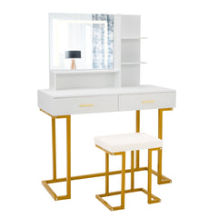 Juego de Tocador con Espejo Grande Mesa de Tocador de Maquillaje con Taburete Acolchado Luces LED 2 Cajones Estantes Patas de Acero Blanco