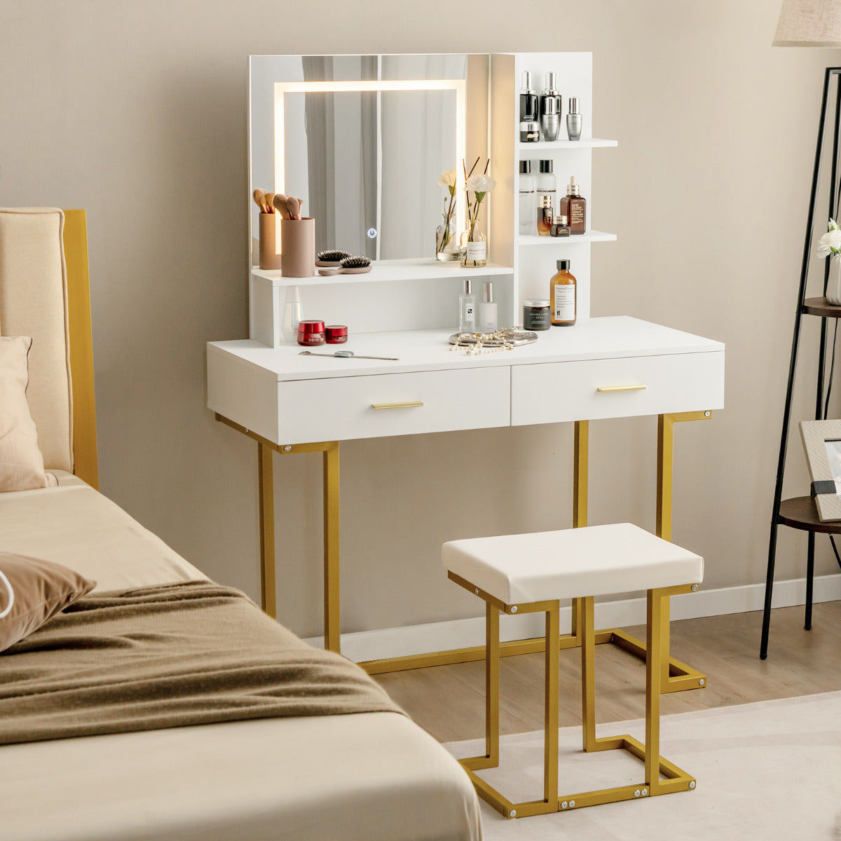 Juego de Tocador con Espejo Grande Mesa de Tocador de Maquillaje con Taburete Acolchado Luces LED 2 Cajones Estantes Patas de Acero Blanco