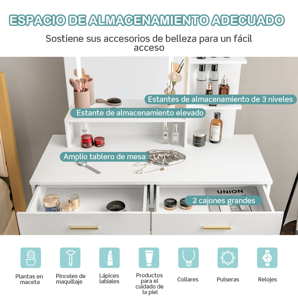 Juego de Tocador con Espejo Grande Mesa de Tocador de Maquillaje con Taburete Acolchado Luces LED 2 Cajones Estantes Patas de Acero Blanco