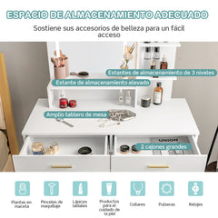 Juego de Tocador con Espejo Grande Mesa de Tocador de Maquillaje con Taburete Acolchado Luces LED 2 Cajones Estantes Patas de Acero Blanco