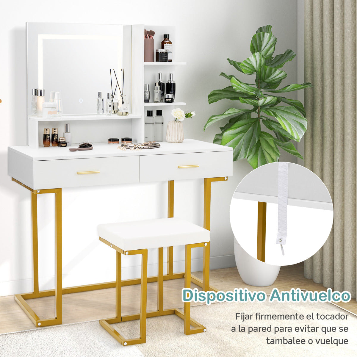 Juego de Tocador con Espejo Grande Mesa de Tocador de Maquillaje con Taburete Acolchado Luces LED 2 Cajones Estantes Patas de Acero Blanco