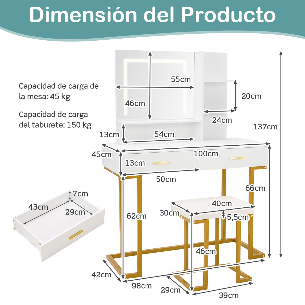 Juego de Tocador con Espejo Grande Mesa de Tocador de Maquillaje con Taburete Acolchado Luces LED 2 Cajones Estantes Patas de Acero Blanco