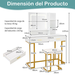 Juego de Tocador con Espejo Grande Mesa de Tocador de Maquillaje con Taburete Acolchado Luces LED 2 Cajones Estantes Patas de Acero Blanco