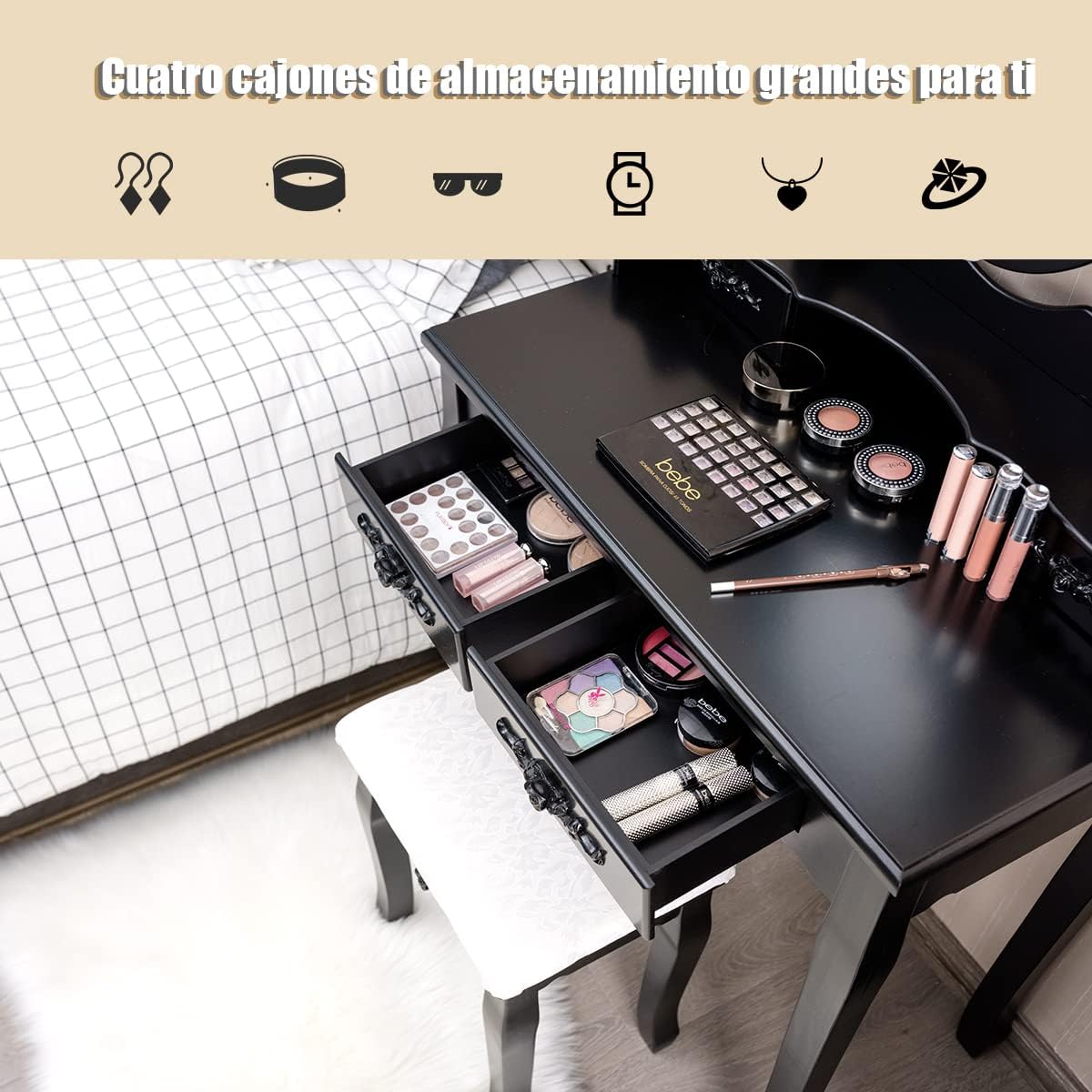 Set de Mesa Tocador con 10 Luces LED Espejo Iluminado Interruptor Táctil Iluminosidad Regulable 4 Cajones y Taburete Acolchado Negro