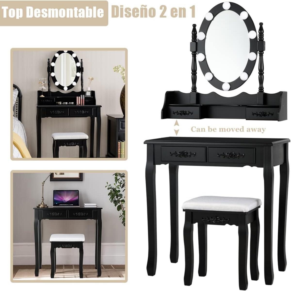 Set de Mesa Tocador con 10 Luces LED Espejo Iluminado Interruptor Táctil Iluminosidad Regulable 4 Cajones y Taburete Acolchado Negro