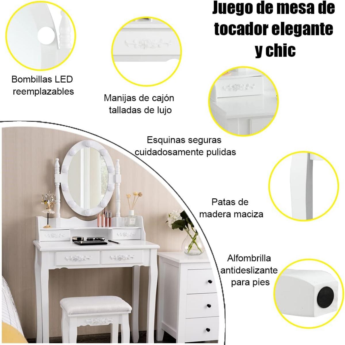 Set de Mesa Tocador con 10 Luces LED Espejo Iluminado Interruptor Táctil Iluminosidad Regulable 4 Cajones y Taburete Acolchado Blanco