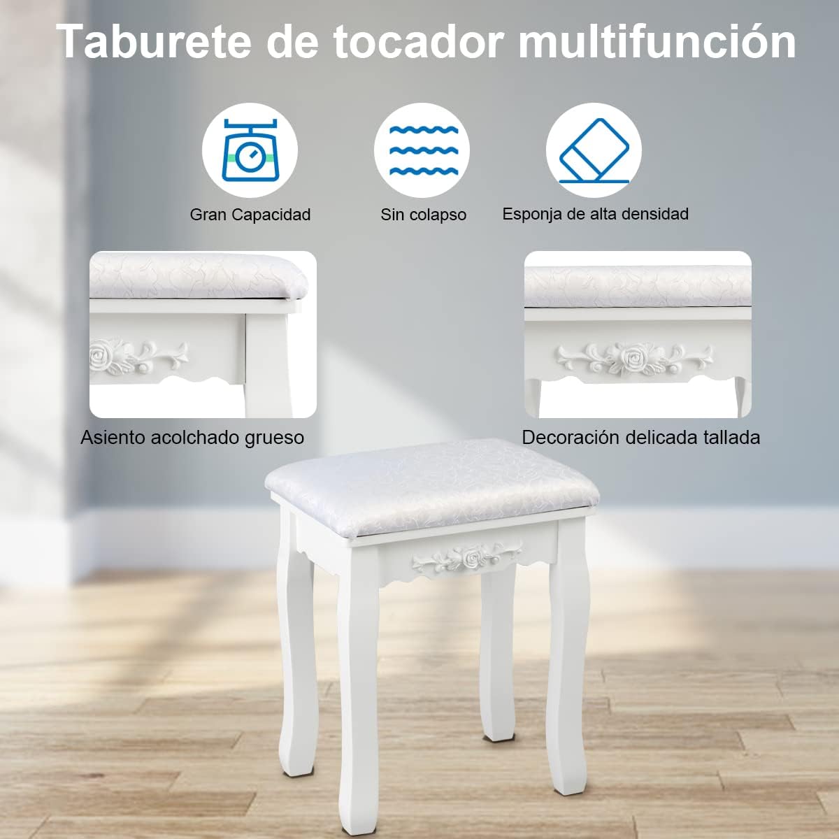 Set de Mesa Tocador con 10 Luces LED Espejo Iluminado Interruptor Táctil Iluminosidad Regulable 4 Cajones y Taburete Acolchado Blanco