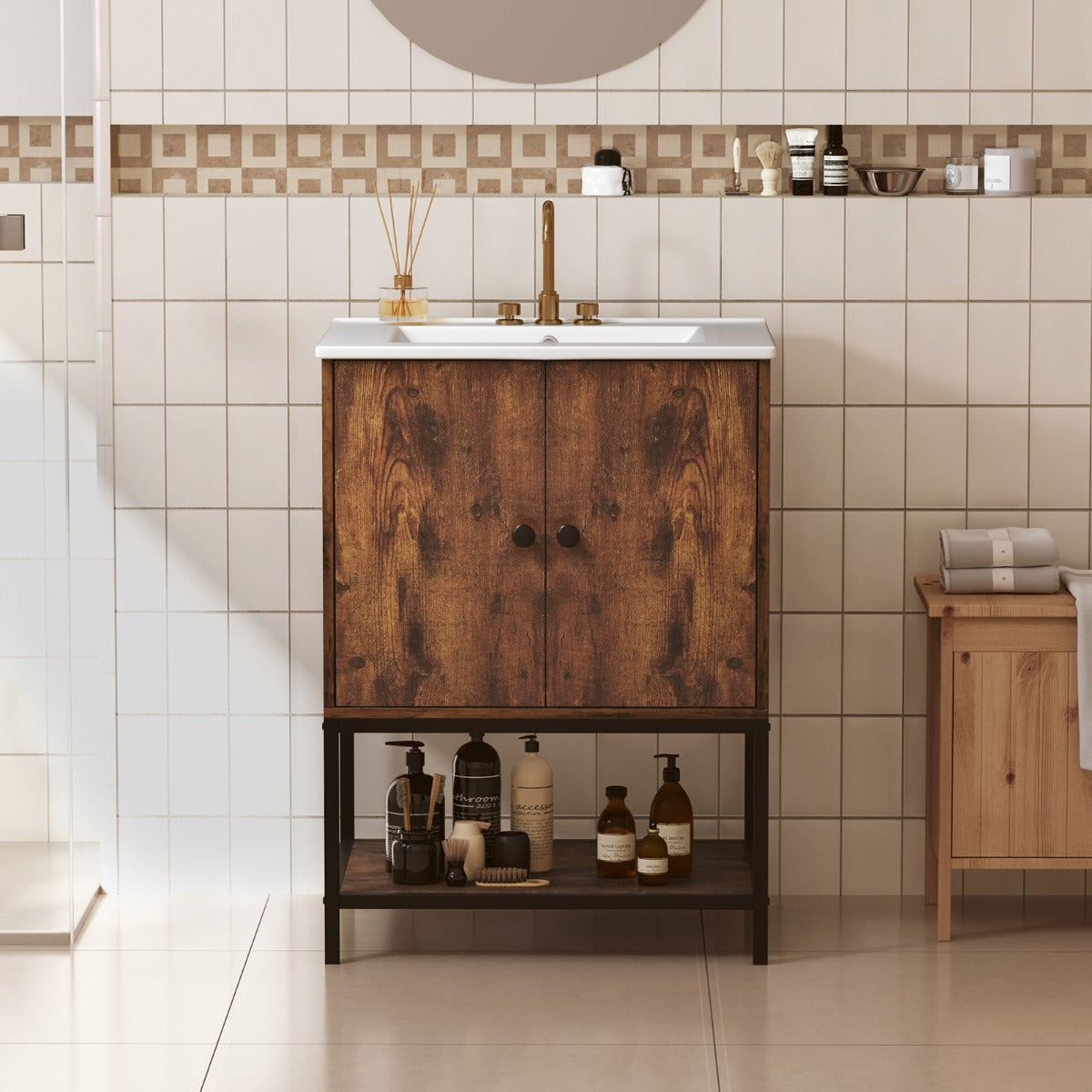 Unidad de Tocador para Baño con Lavabo de Cerámica Armario de Almacenamiento Bajo Lavabo con 2 Puertas y Estante Mueble Independiente Marrón